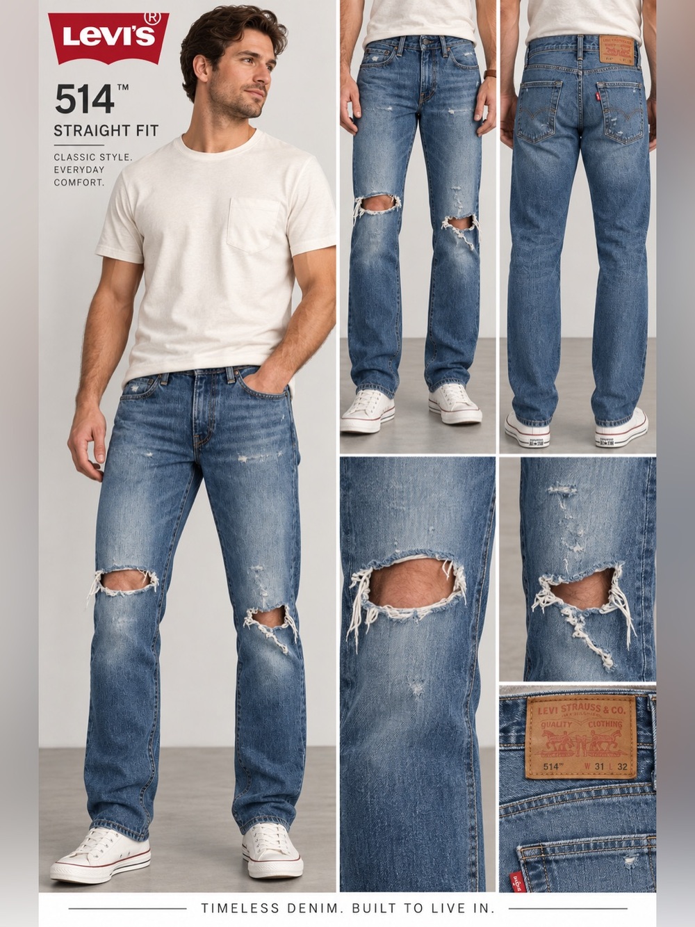 Levis Men 514 Jean Slim Straight Distressed Medium Wash‎ Denim Size 31 X 32